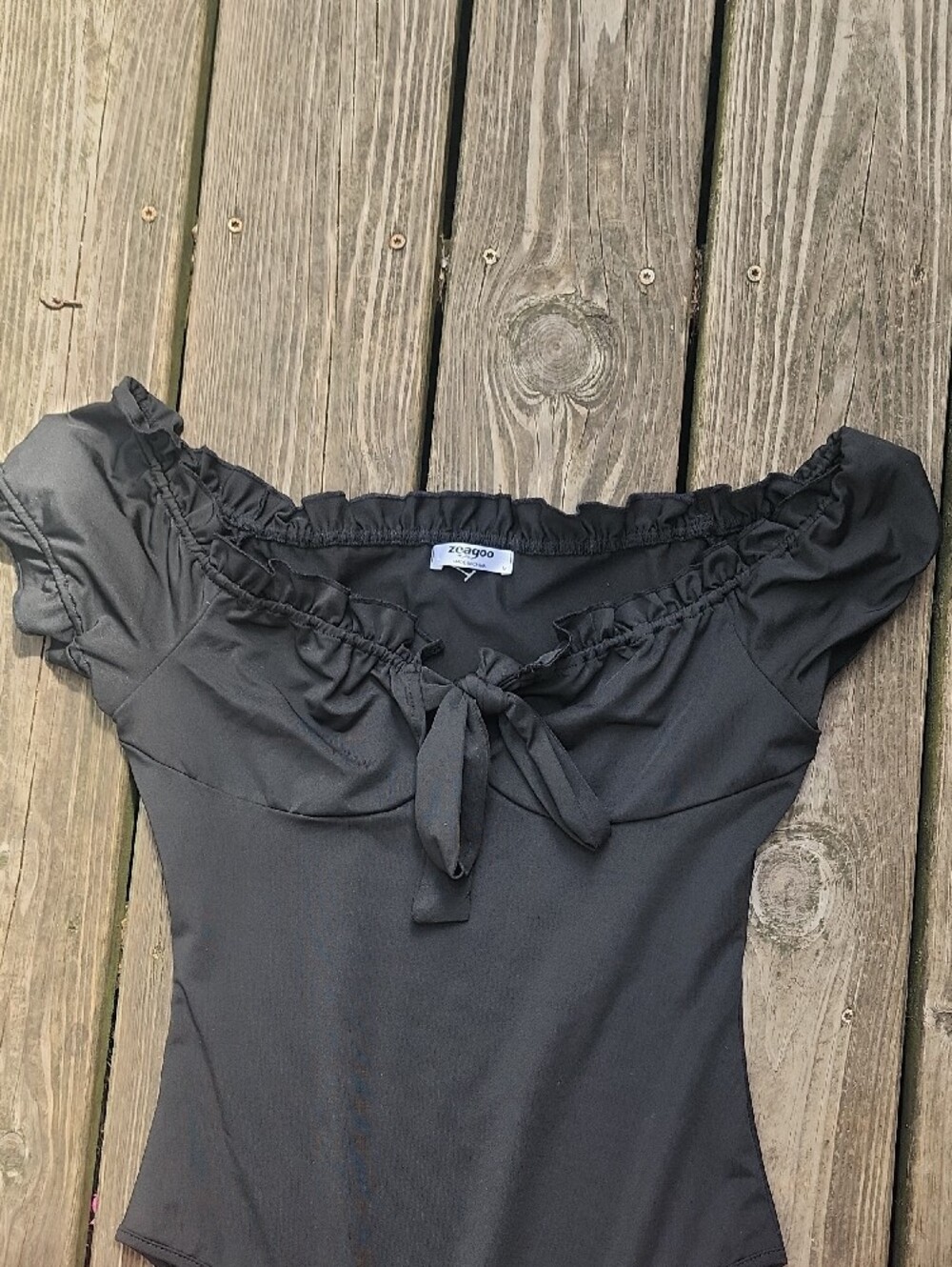 Zeagoo Black Off-Shoulder Ruffle Bodysuit Size medium - Picture 3 of 6